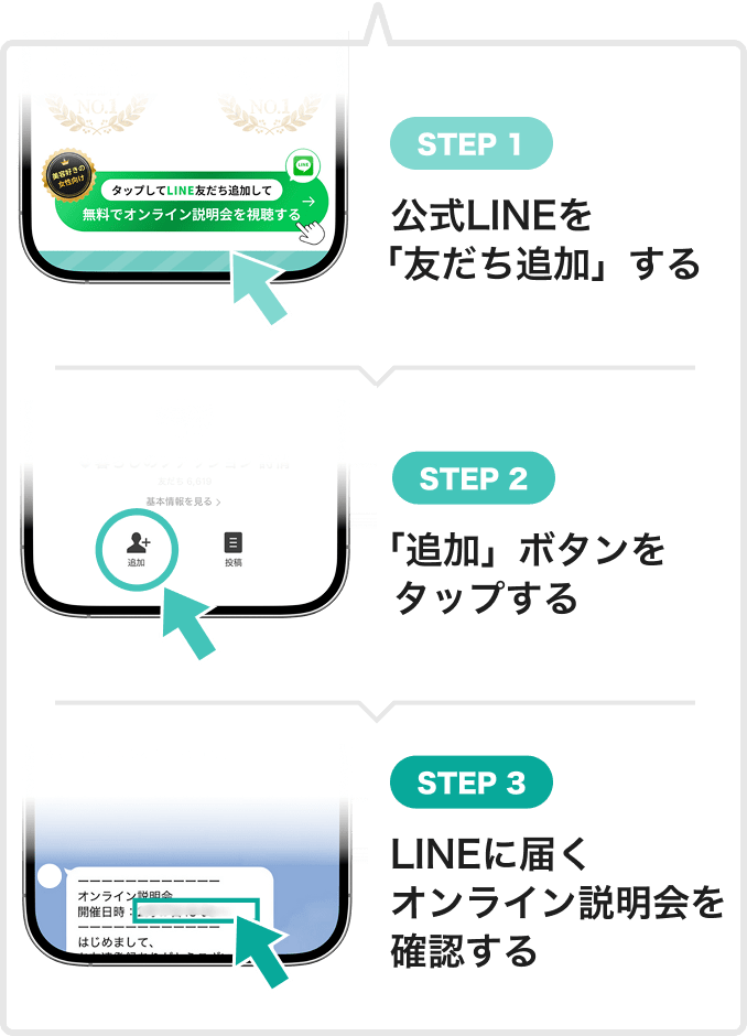 STEP1:公式LINEを友だち追加する。
              STEP2:追加ボタンをタップする。
              STEP3:LINEに届くオンライン説明会を確認する。